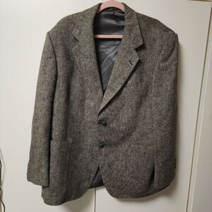Vntg Oakmont mens gry tweed herringbone blazer elbow pads sz 44R teacher grandpa